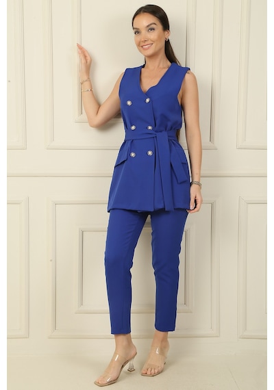 By Saygı 6 Düğmeli Sahte Cepli Kuşaklı Yelek Beli Lastikli Dar Paça Pantolon 2'li Takım Saks By Saygı 6 Düğmeli Sahte Cepli Kuşaklı Yelek Beli Lastikli Dar Paça Pantolon 2'li Takım Saks