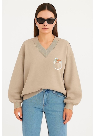 Benroma Cep Papatya Baskılı Ünisex V Yaka Sweatshirt Bej