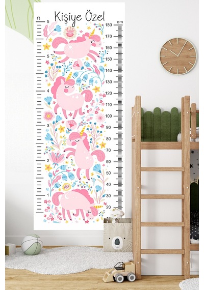 Kişiye Özel Unicorn Temalı Dekoratif Çocuk Boy Ölçer Sticker Duvar Cetveli Takip Çizelgesi Beyaz
