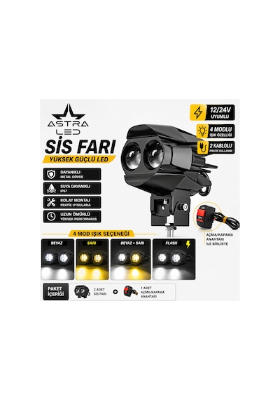 1 Adet Açma Kapama Anahtarlı Motosiklet Atv Utv Led Lazer Sis Farı Delici Beyaz Sarı Çift Renk 12 -24 Volt
