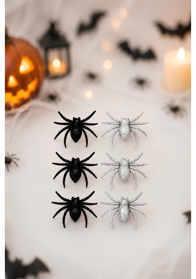 Halloween Cadılar Bayramı 6'lı Simli Örümcek Süs Seti Siyah Ve Gümüş Dekoratif Örümcek 5x6 Cm Tüm Yaşlar
