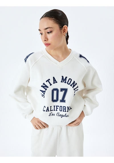 Koton Kolej Baskılı Uzun Kollu Oversize V Yaka Sweatshirt Ekru 5sal10417ık Ekru