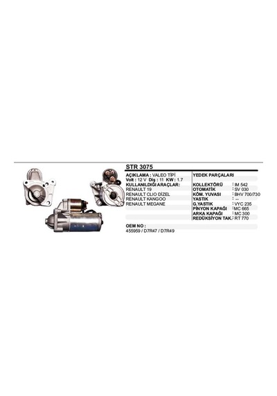 Marş Motoru 11 Diş 12v D7r Renault R19 / Clıo / Kangoo / Megane Dizel Valeo Tip 1 Ad