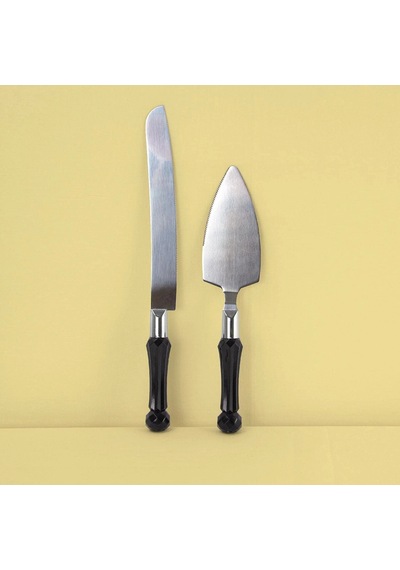 Kristal Saplı Pasta Spatula & Bıçak Servis Seti Siyah Siyah