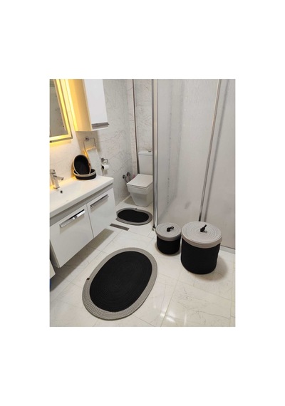 Jüt Hasır 6 Lı Banyo Paspas Takımı Bohem Tarzı Paspas:50x80/ 40x60 /çamaşır Sepet 40x36 ,25x27 Siyah Gri Siyah Gri