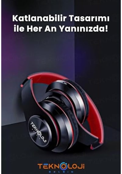 Kablosuz Kulaklık Bluetooth Mikrofonlu Kulaküstü Kulaklık Led Işıklı Katlanabilir Kırmızı