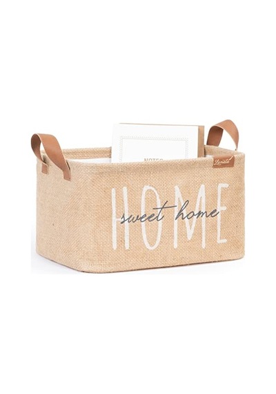 Ocean Home Textile Home Sweet Home Baskılı Dikdörtgen Jüt Sepet //30x21x18 Açık Bej