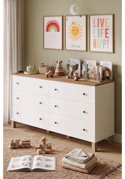 Robin Home Lena Bebek Çocuk Odası Geniş Şifonyer 6 Çekmeceli Ahşap Ayaklı Sepet-beyaz