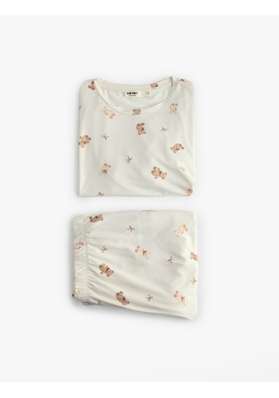 Koton Rahat Kalıp Bisiklet Yaka Kısa Kollu Baskılı Pijama Takımı Bej Desenli 7wlk40109mk