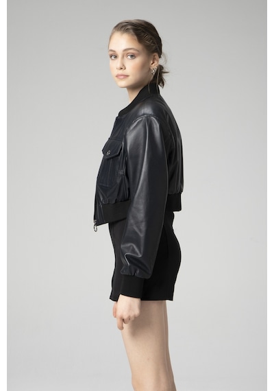 Lacivert Dericlub Wm036 Ribanalı Gerçek Deri Crop Mont