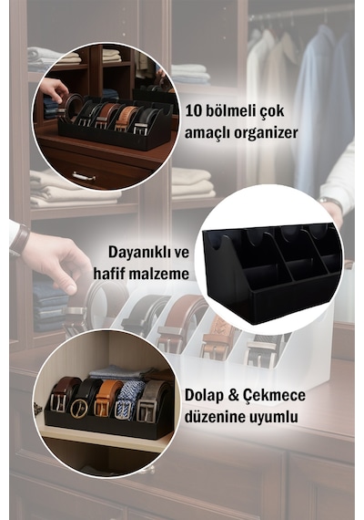 10 Bölmeli Kemer Organizer, Çorap, Kravat, Takı, Makyaj, Çekmece, Dolap İçi Depolama Siyah