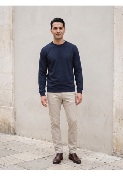 Maccali Erkek Lacivert İki İplik Bisiklet Yaka Sweatshirt