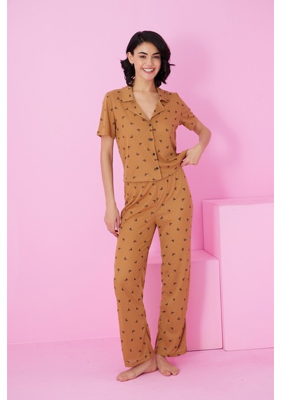 Siyah İnci Pointel Ajurlu/delikli Gömlek Yaka Örme Düğmeli Pijama Takım Kahve Kelebek