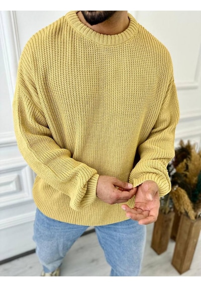 Elku Moda Kazak Oversize Çift Kat Örme Naturel Pamuk Bol Kesim Tüylenmeyen Salaş Triko Kazak Hardal