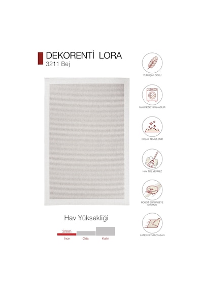 Hoom Rugs Lora 3211 Bej Çerçeveli Pamuk Taban Hav Toz Vermez Sisal Halı