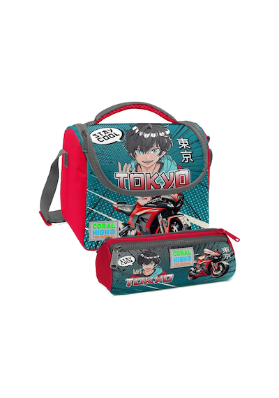 Coral High Gri Nefti Anime Motorsiklet Desenli Erkek Çocuk Isı Yalıtımlı Beslenme Çantası Ve Kalemlik Seti