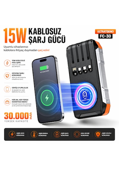 Ultratekno Fc-30 Solar Powerbank 30000 Mah 22.5w Hızlı Şarj 15w Kablosuz Şarj Güneş Panelli Led Fenerli Powerbank Siyah
