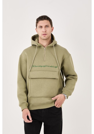 X-4005 Kapüşonlu Yarım Fermuarlı Sweat YESIL