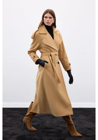 Sateen Apoletli Ve Belden Kuşaklı Uzun Kaban Camel