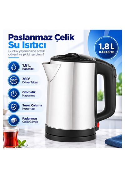 1.8 L Paslanmaz Çelik Elektrikli Su Isıtıcı Kettle 360 Döner Tabanlı Otomatik Kapanmalı Susuz Çalışma Korumalı