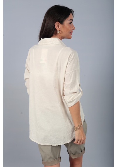 By Saygı Kadın İtalyan Cotton Mini Çiçek Nakış İşlemeli Gömlek Bej