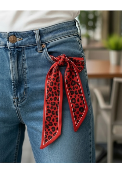 Tarzını Seç Kırmızı Leopar Şeritli Fular Bandana Estascarf 7,5x100cm