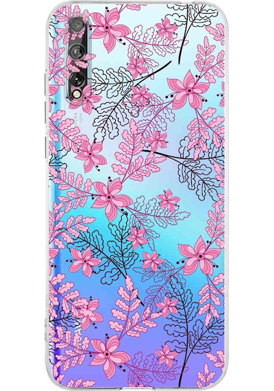 Huawei P Smart s Kamera korumalı Kapak Floral Tasarımlı Şeffaf Kılıf