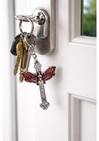 Gotik Kuru Kafa Butterfly Detaylı Metal Anahtarlık Kırmızı Siyah Unisex