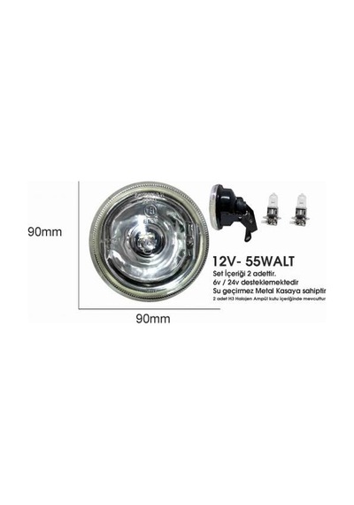 Universal 90mm Sis Farı Seti + 2 Adet Halojen Ampul