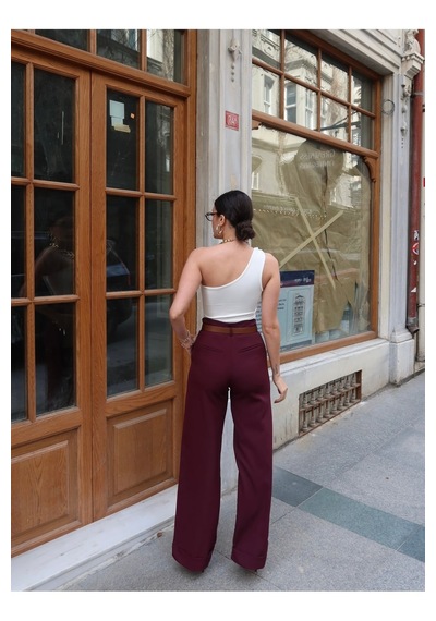 Kechi Woman Double Kumaş Bol Paça Kemerli Pantolon Bordo