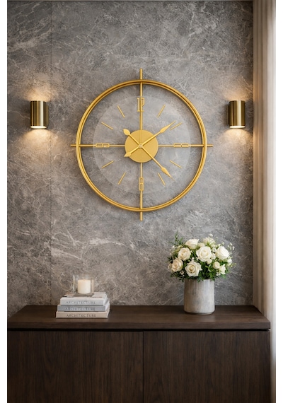 MetaQuartz Aksesuar (Büyük Boy-55*55cm) Gold Çiftçember Seri -modern Dekoratif Camlı Metal Saat Altın