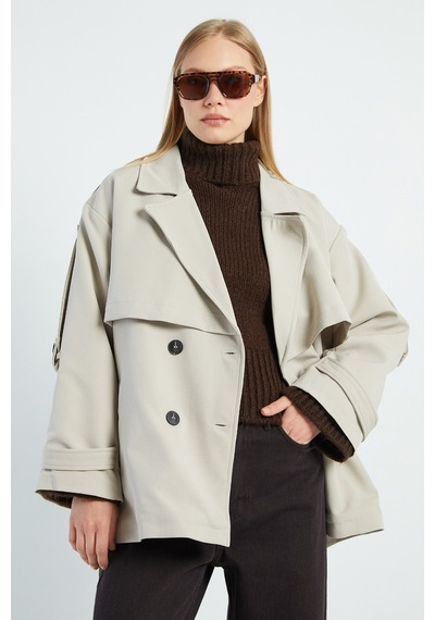 Fullamoda Beli Kemerli Kruvaze Yaka Oversize Trençkot Taş