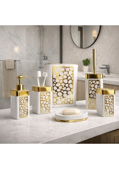 Arvale Pleksi Gold Detaylı 5 Li Banyo Aksesuar Seti Beyaz