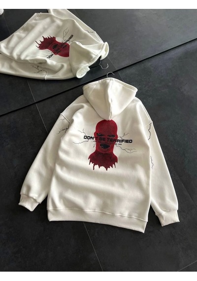Yake Store Üç İplik Kapşonlu Baskılı Oversize Sweatshirt- Beyaz - Beyaz