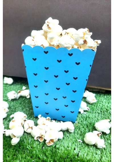 8'li Mavi Kalpli Mısır Kutusu - Popcorn Kutusu - Doğum Günü İkram Hediye - Orta Boy Standart