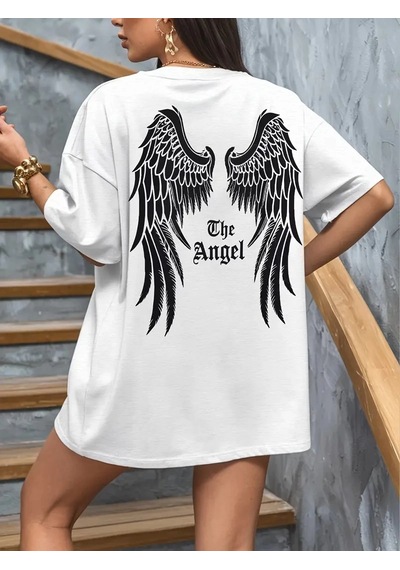 Genel Markalar 20/1 Penye Compack Dark Angel Baskılı Oversize Kısa Kol Yazlık T-shirt- Beyaz - Renkli