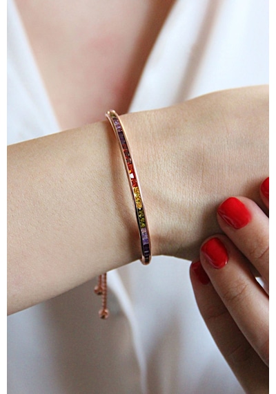 925 Ayar Gümüş Renkli Baget Taşlı Asansörlü Bileklik - B083801 Rose Gold