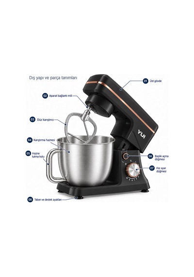 Yui M108 Easy Chef 1300 W 5 L Stand Mikser Hamur Yoğurma Makinesi Siyah