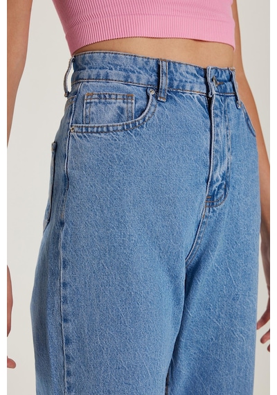 Tudors Kadın Regular Fit Cepli Geniş Paça Mavi Jean Kot Pantolon-34961 Mavi