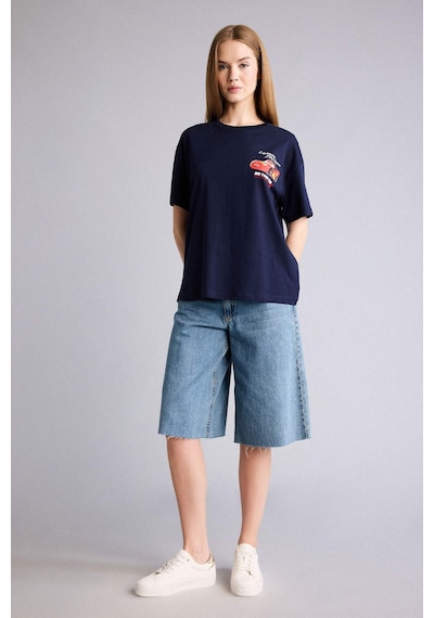 Defacto Baskılı Lacivert Kadın T-shirt H0552ax/nv251