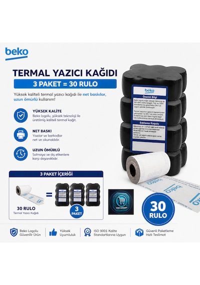 X30 Tr - 300 Tr - 220 Tr - 400 Tr Yazarkasa Termal Pos Rulosu 3 Paket - 30 Adet