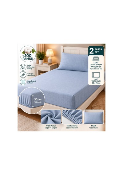 Slc Home %100 Pamuk Kumaş 100 X 200 Cm Lastikli Çarşaf 1 Adet Yastık Kılıflı Tek Kişilik 2li Set Mavi - 939641234 Mavi