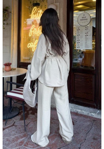 Seeh Bej Uzun Kollu Oversize Kadın Takım Sh338 Standart
