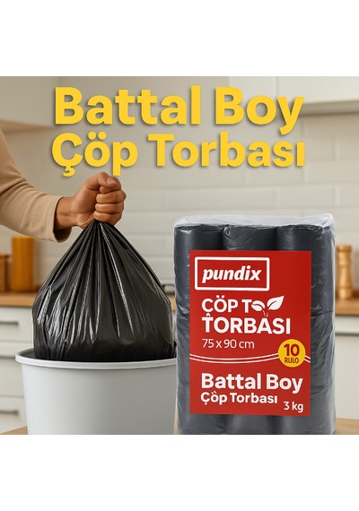 Pundix Pundıx Battal Boy Çöp Torbası 75x90 Cm 10 Lu Rulo Opp Ambalajlı Toplam 3 Kg Dayanıklı, Sızdırmaz Ve Geniş Hacimli Çöp Poşeti