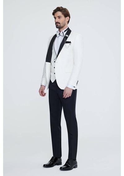 Ysf Erkek Beyaz Slim Fit Şal Yaka Desenli Damatlık