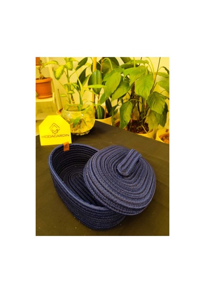 Hasır Jüt Sepet Oval Kapaklı Organizer Düzenleyici 30x20x10 Cm Lacivert Lacivert