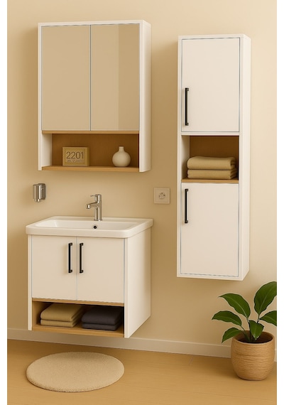 Dmz Home Concept Legna 80 Cm Beyaz-ahşap Renkli, Seramik Lavabolu, Alt - Üst Ve Boy Dolaplı Mdf Banyo Dolabı Seti