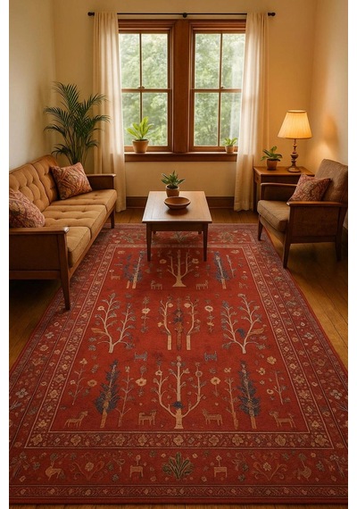 Blghome Otantik Desen Tasarım Modern Halı Dekoratif Kilim Kırmızı