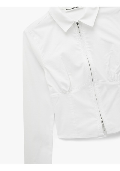 Koton Slim Fit Uzun Kollu Korse Görünümlü Fermuarlı Crop Gömlek Beyaz 7wal60007ıw