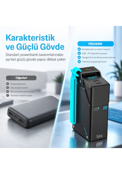 Bix Pb2065w 20000mah 65w Süper Hızlı Şarj Özellikli Powerbank Askılı Tasarım Pd Destekli Dijital Göstergeli Taşınabilir Şarj Cihazı Siyah